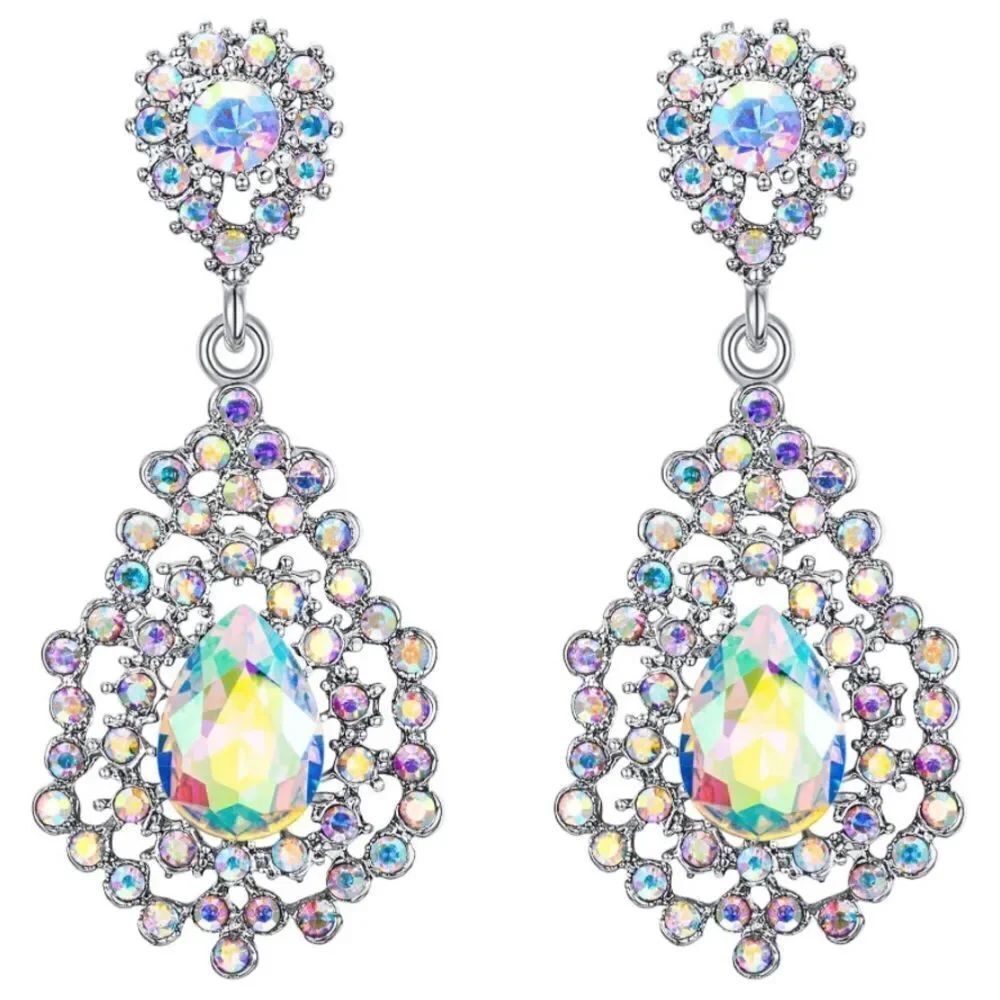 Silver with Iridescent AB Austrian Crystal Art Deco Chandelier Post Earrings